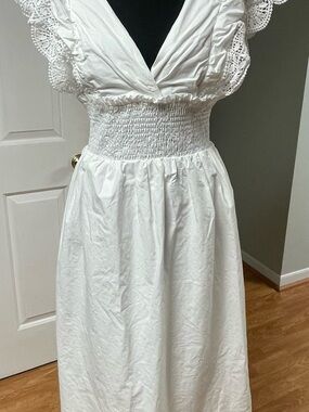 Lush White Eyelet Flutter Sleeve Smocked Midi Dress - Medium
